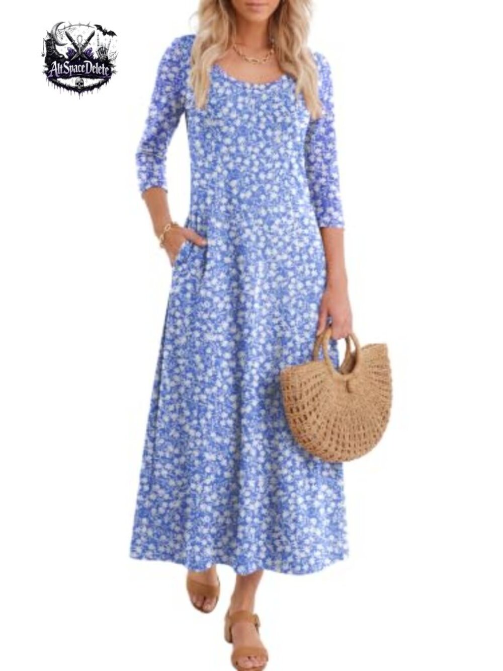 Womens 3/4 Sleeve Scoop Neck A-Line Maxi Dress with Pockets